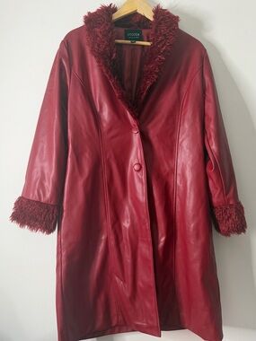 Stoosh Red Faux Leather Coat with Fur Trim